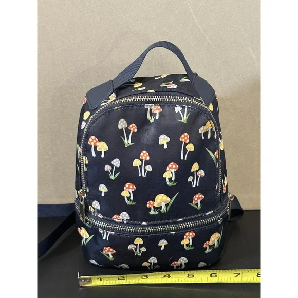 Navy Blue Mushroom Print Mini Backpack Cottagecore Nylon Small Bag - Picture 5 of 8
